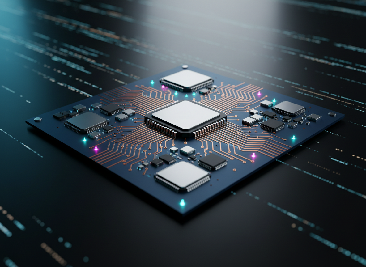 Una placa base electrónica futurista, de tono azul profundo con pistas de cobre brillante y microchips plateados, ocupa el centro de la imagen sobre una superficie negra satinada. Entre los componentes, pequeñas luces LED cian y magenta se encienden como una red de conexiones activas. Una iluminación lateral fría, tipo estudio, resalta los relieves metálicos y proyecta sombras suaves que sugieren profundidad. El fondo se desvanece en un bokeh digital de líneas y puntos luminosos, evocando datos en movimiento. Composición a nivel de ojo, ligeramente en ángulo, con enfoque nítido en la zona central. Estilo digital-art limpio y profesional, transmitiendo innovación tecnológica y la idea de que la electrónica conecta información y oportunidades.