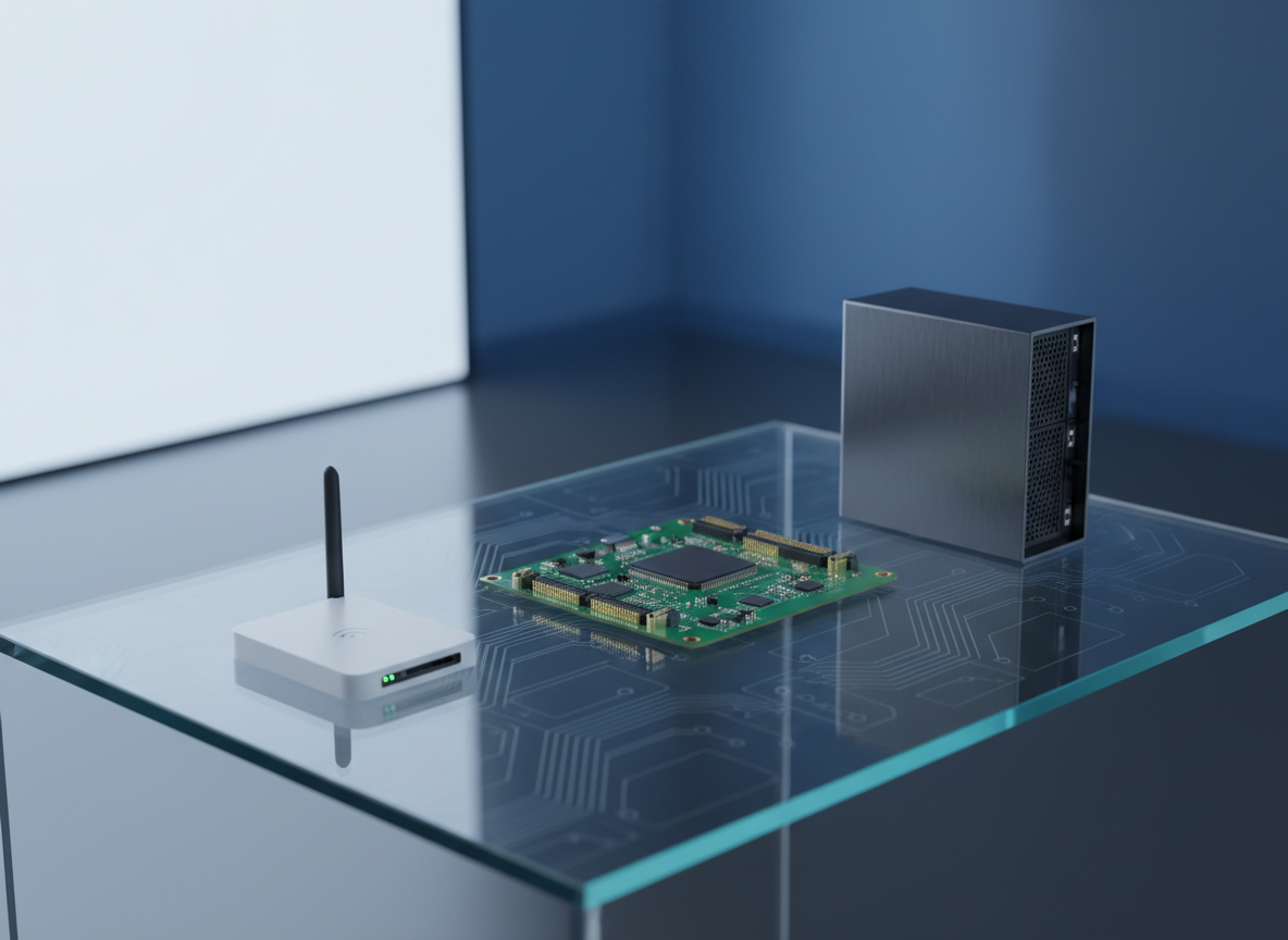 Un conjunto de dispositivos electrónicos minimalistas: un módulo IoT blanco mate con antena sutil, una placa de desarrollo verde con conectores dorados y un pequeño servidor compacto gris oscuro, dispuestos ordenadamente sobre un escritorio de vidrio templado. Bajo el cristal se insinúan circuitos impresos geométricos, como si el mueble fuera una extensión de la tecnología. Luz fría difusa procedente de un gran panel lateral crea reflejos controlados y sombras casi imperceptibles, generando una atmósfera pulcra y corporativa. La toma es ligeramente elevada, siguiendo la regla de los tercios, con gran nitidez y fondo desenfocado en tonos azules. Estilo digital-art hiperlimpio, moderno y profesional, que sugiere soluciones tecnológicas integradas para empresas.